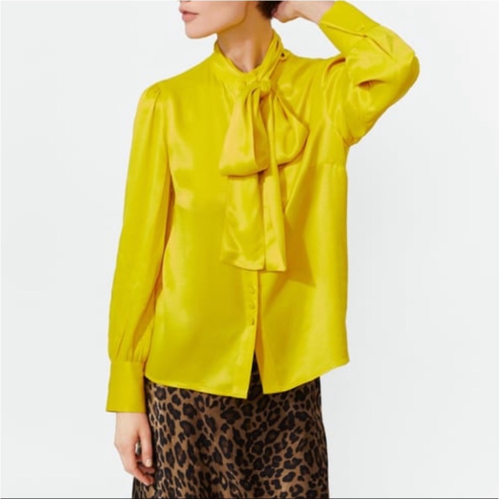 Zara Lemon Yellow Tie Neck Button Down Blouse with Bow Detail XL